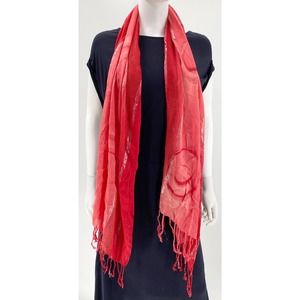 Shimmery Sheer Red Fringe Swirl Scarf